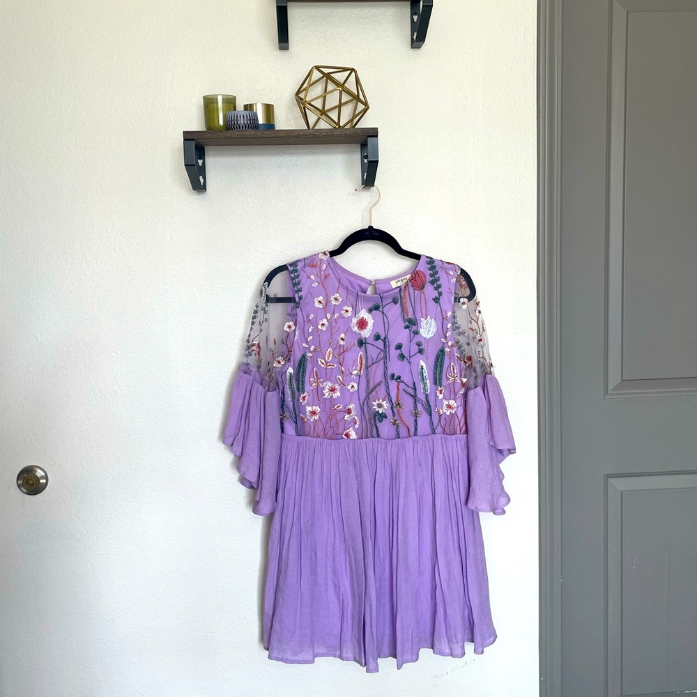 Lavender dress with sheer sleeves with embroidered floral design